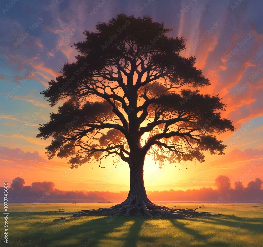 Fototapeta premium Illustration of lonely tree with sunrise behind and fogy landscape.