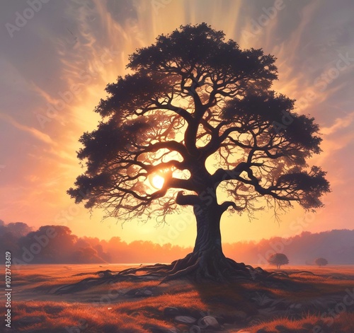 Illustration of lonely tree with sunrise behind and fogy landscape. photo