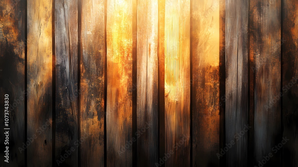 Obraz premium Warm sunlight streams through wooden slats, casting soft shadows and creating a natural, cozy atmosphere perfect for rustic home decor or backgrounds