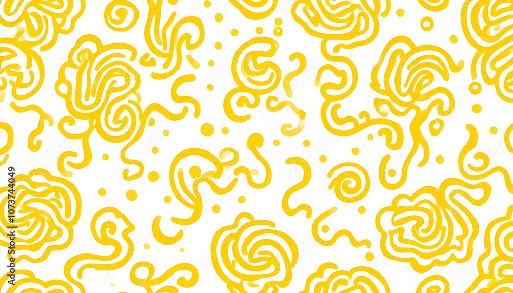 A seamless doodle banner featuring a playful pattern of yellow ramen noodles on a pristine white background. The wavy, abstract design of the noodles creates a dynamic and visually engaging pattern A seamless doodle banner featuring a playful pattern of yellow ramen noodles on a pristine white background. The wavy, abstract design of the noodles creates a dynamic and visually engaging pattern