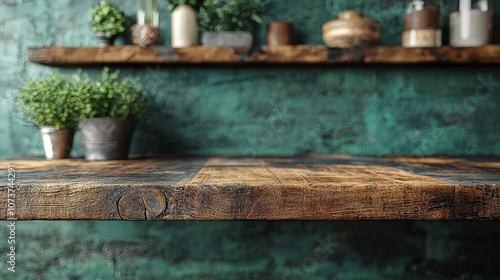 A rustic wooden table with potted plants and decorative items against a textured green wall.