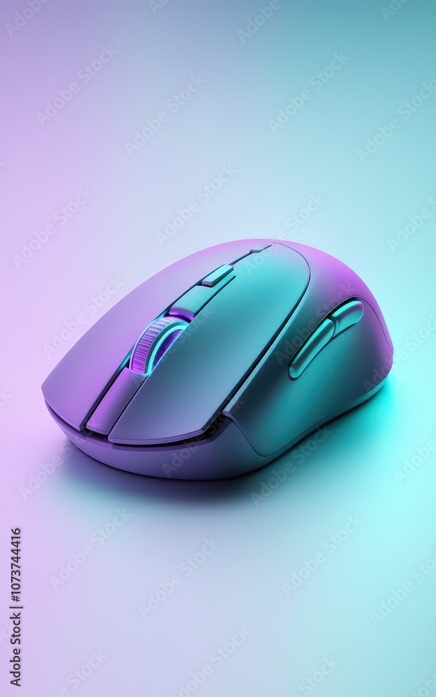 Close-Up Shot of a Modern Computer Mouse in Neon Colors with Soft Gradient Background, Showcasing the Sleek Design and Vibrant Lighting Effects Close-Up Shot of a Modern Computer Mouse in Neon Colors with Soft Gradient Background, Showcasing the Sleek Design and Vibrant Lighting Effects