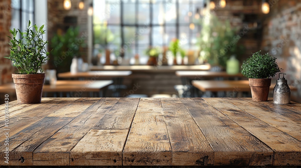 A rustic wooden table with potted plants in a cozy cafe setting. A rustic wooden table with potted plants in a cozy cafe setting.