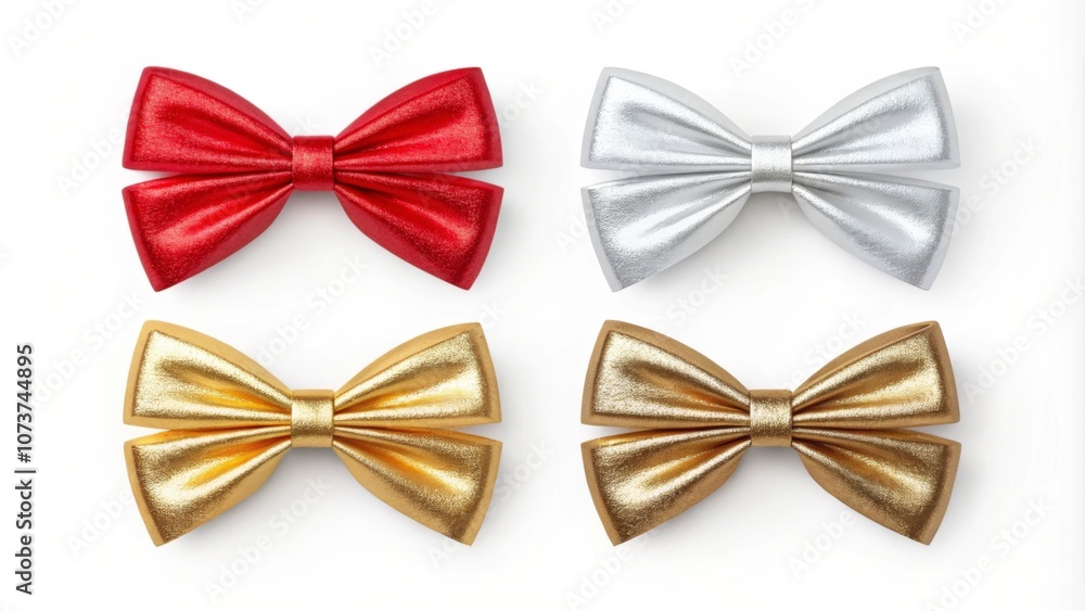 Stylish and celebratory image of metallic bow ties in festive red, gold, and silver on a white background Stylish and celebratory image of metallic bow ties in festive red, gold, and silver on a white background