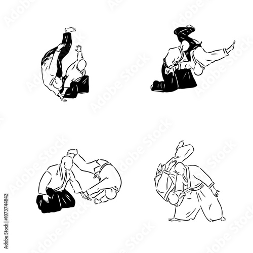 Aikido combat between athletes, stylized vector illustration