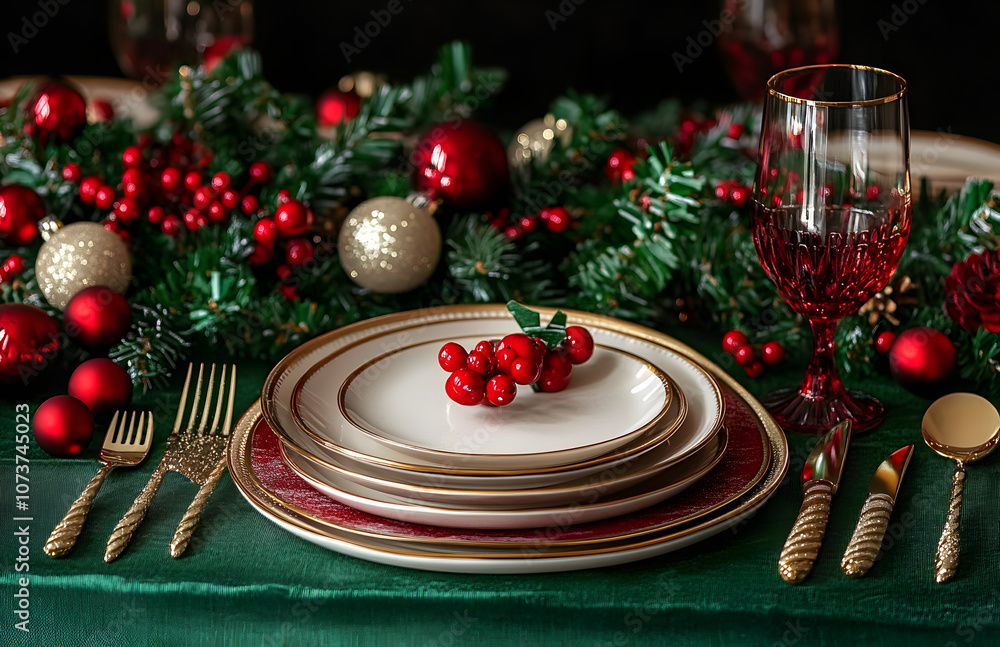 Elegant holiday dining setup featuring red and green decor with festive tableware Elegant holiday dining setup featuring red and green decor with festive tableware