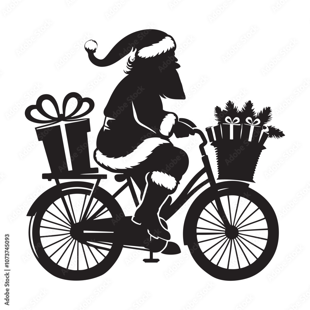 Obraz premium Santa on a Bicycle Silhouette vector art black color and solid white background