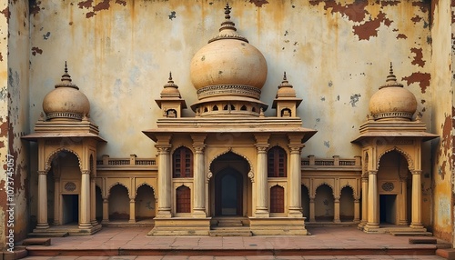A high-definition image of grunge mural art depicting intricate Indian architecture. The weathered textures and faded colors give a rustic, vintage feel to the ornate designs and structures, creating 