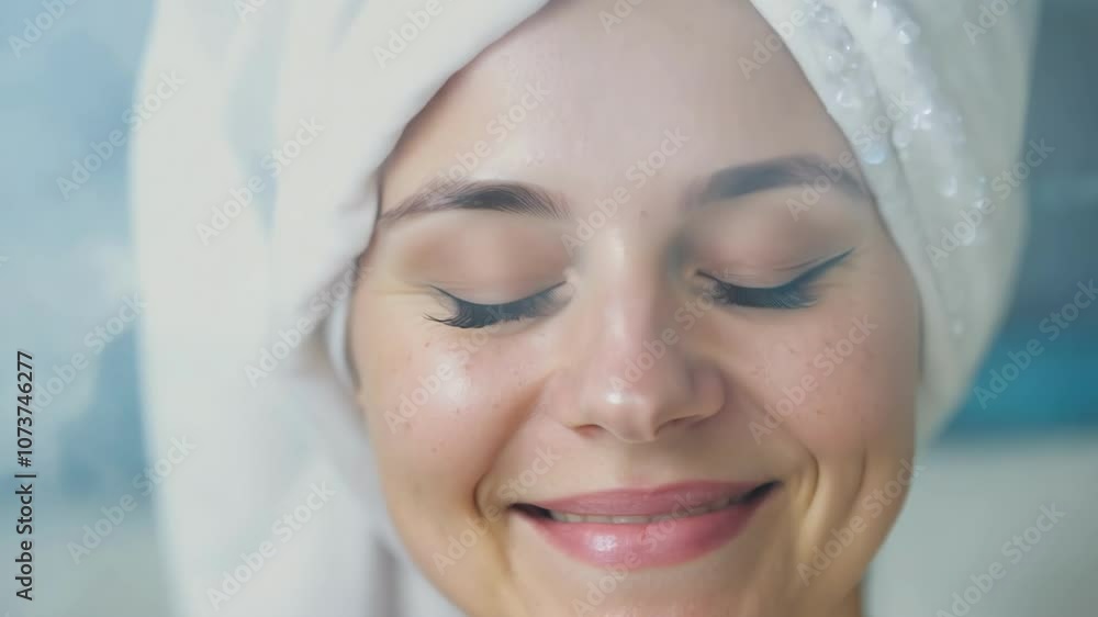 A serene close-up of a woman smiling with eyes closed in peaceful contentment. Ideal for themes of self-care, relaxation, and inner peace. A serene close-up of a woman smiling with eyes closed in peaceful contentment. Ideal for themes of self-care, relaxation, and inner peace.