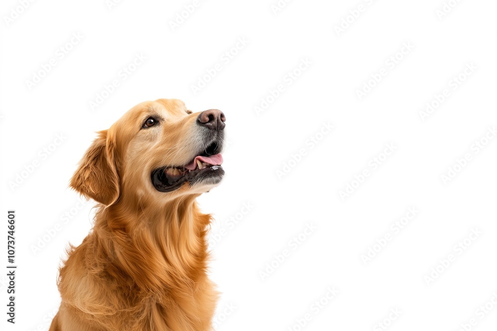 Golden Retriever looks up with joy, white background Golden Retriever looks up with joy, white background