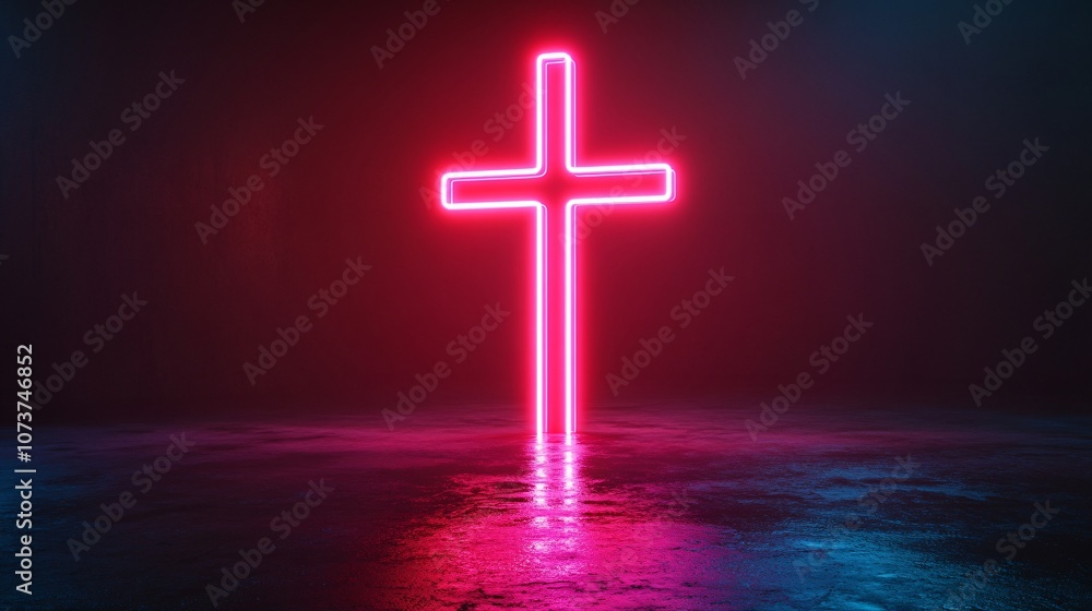 A glowing neon cross illuminates a dark, reflective surface, creating a vibrant contrast in a modern, spiritual visual setting. A glowing neon cross illuminates a dark, reflective surface, creating a vibrant contrast in a modern, spiritual visual setting.