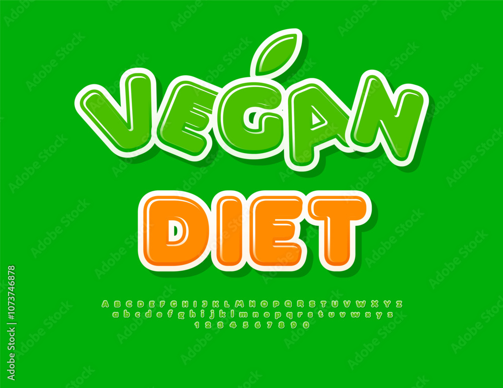 Vector healthy sign Vegan Diet. Glossy Green Font. Decorative Alphabet Letters and Numbers set. Vector healthy sign Vegan Diet. Glossy Green Font. Decorative Alphabet Letters and Numbers set.