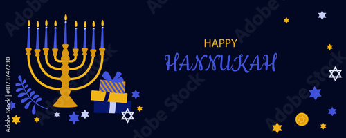 Hanukkah.Traditional Jewish festival of light.Background for banner ,poster, web design. Vector illustration on a dark