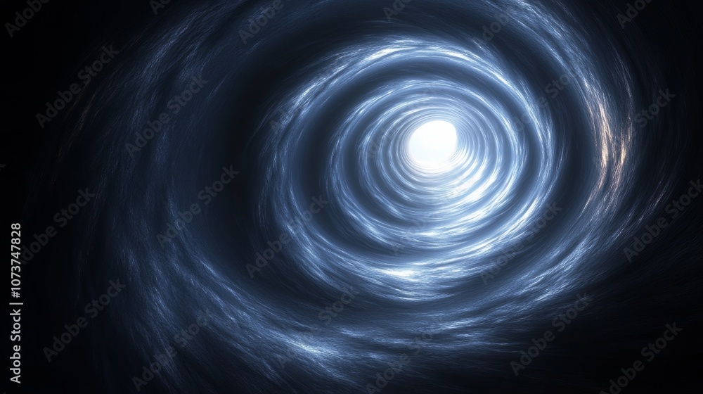 A spiral blue tunnel with a light shining through it A spiral blue tunnel with a light shining through it