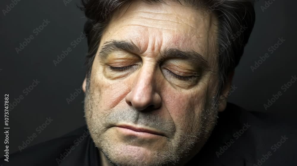 A man with brown hair and a black shirt looks down with his eyes closed A man with brown hair and a black shirt looks down with his eyes closed