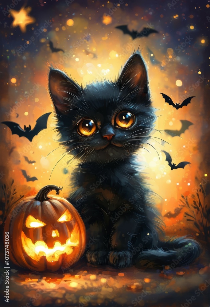 a small black kitten with big clear and kind eyes, next to a pumpkin, on a fiery background with bats, on Halloween, a small black kitten with big clear and kind eyes, next to a pumpkin, on a fiery background with bats, on Halloween,
