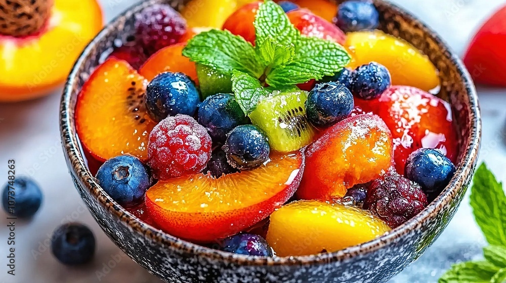 A close-up of a bowl of fruit with a mint garnish on top A close-up of a bowl of fruit with a mint garnish on top