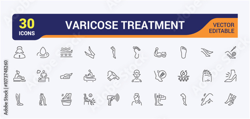 Varicose Treatment icon set. Includes thin line vein, wom, foot, medicine, pack, pressure and more. Minimal linear icons. Editable vector icon and illustration.