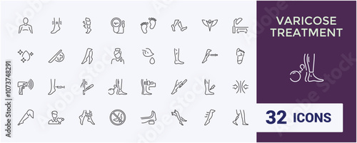Varicose Treatment icon set. Includes thin line vein, wom, foot, medicine, pack, pressure and more. Minimal linear icons. Editable vector icon and illustration.