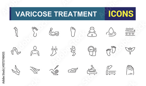 Varicose Treatment icon set. Includes thin line vein, wom, foot, medicine, pack, pressure and more. Minimal linear icons. Editable vector icon and illustration.