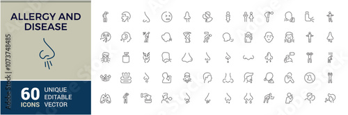 allergy and disease line web icon set. Containing health, allergy, lung, nut, sneeze and more. Outline icons pack. Editable vector stroke.