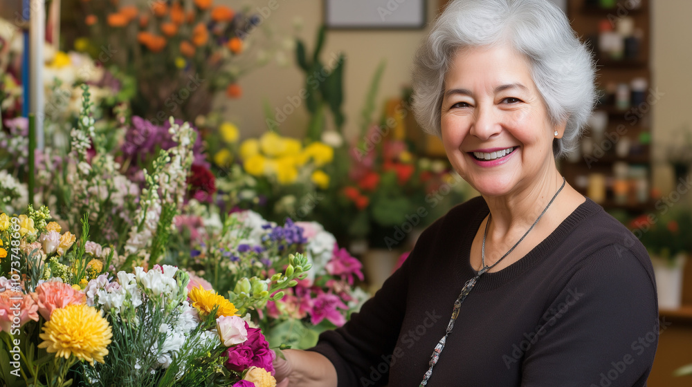 Florist Smiling While Creating a Flower Arrangement in Her Shop Florist Smiling While Creating a Flower Arrangement in Her Shop