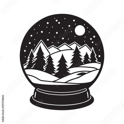 Snow Globe with a Winter Scene Silhouette  vector art black color and solid white background