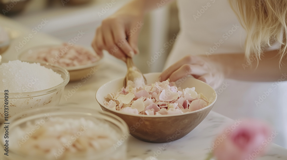 Elegant Woman Preparing Luxurious Botanical Bath Salts in High-End Store Elegant Woman Preparing Luxurious Botanical Bath Salts in High-End Store