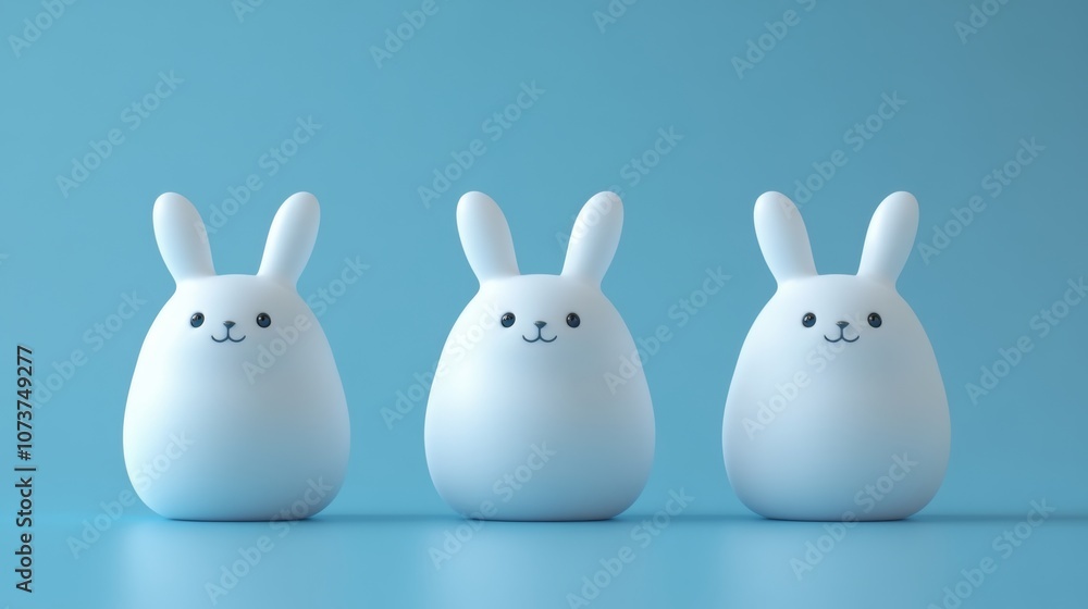 Three white rabbits are standing next to each other on a blue background Three white rabbits are standing next to each other on a blue background