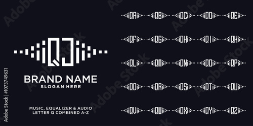 Set of audio, equalizer, and music logo design initial q combine with letter a to z and white color