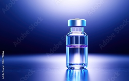 A clear glass vial containing a liquid substance, illuminated with soft blue lighting, creating a serene and scientific atmosphere, isolated on a simple background.