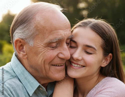 An elderly man lovingly embracing his granddaughter in an outdoor setting, both smiling with their eyes closed. This image captures the warmth of family bonds, affection, and intergenerational love.