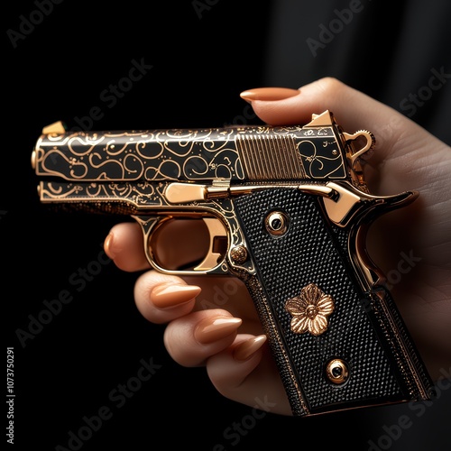 A close-up of an intricately designed handgun held by a hand with perfectly manicured nails, emphasizing elegance and style in firearm design. photo