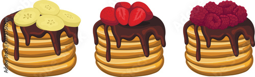 set of golden brown pancakes stack topped with rich, melted chocolate and banana slices, fresh raspberry and strawberry.