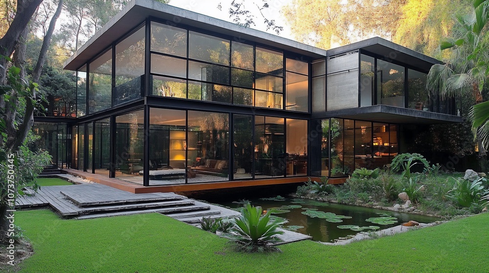 A modern home with large windows overlooking a pond and garden. A modern home with large windows overlooking a pond and garden.