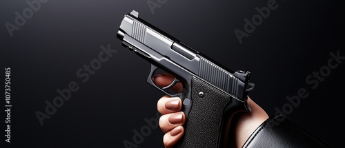 A close-up view of a hand holding a modern handgun against a dark background, highlighting themes of safety and gun control. photo