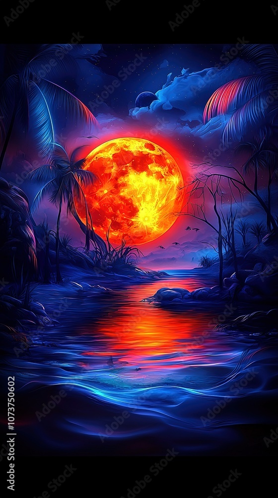 Fototapeta premium A painting depicts a sunset on water with palm trees in the foreground and a full moon in the background