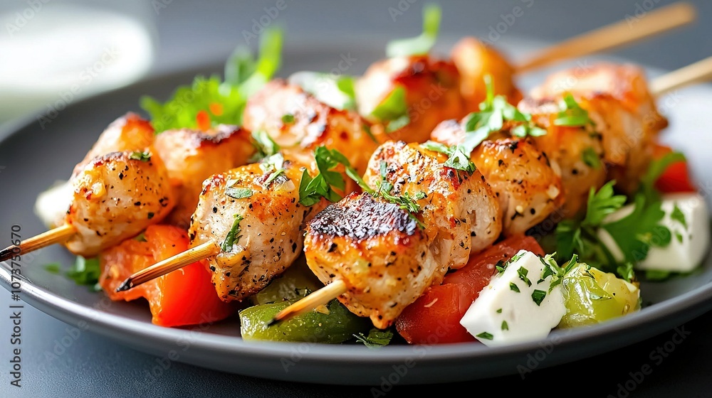 Close-up photo of a colorful platter filled with succulent meat and vegetable skewers Close-up photo of a colorful platter filled with succulent meat and vegetable skewers