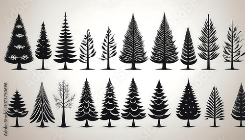  A set of Christmas tree silhouettes and pine icons in various shapes and sizes as monoc_1(197) photo