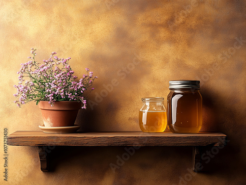 Honey jars and a potted plant on a wooden shelf against a warm-toned wall