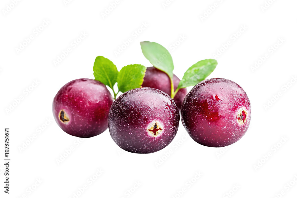Obraz premium A bunch of red berries with green leaves. on transparent background.