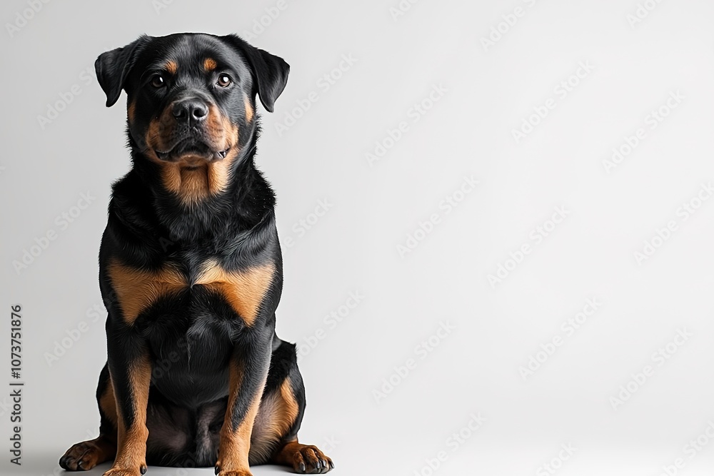 Black and tan Rottweiler dog seated on white background Black and tan Rottweiler dog seated on white background