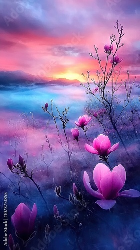   A painting featuring pink flowers in the foreground against a backdrop of both purple and pink skies photo