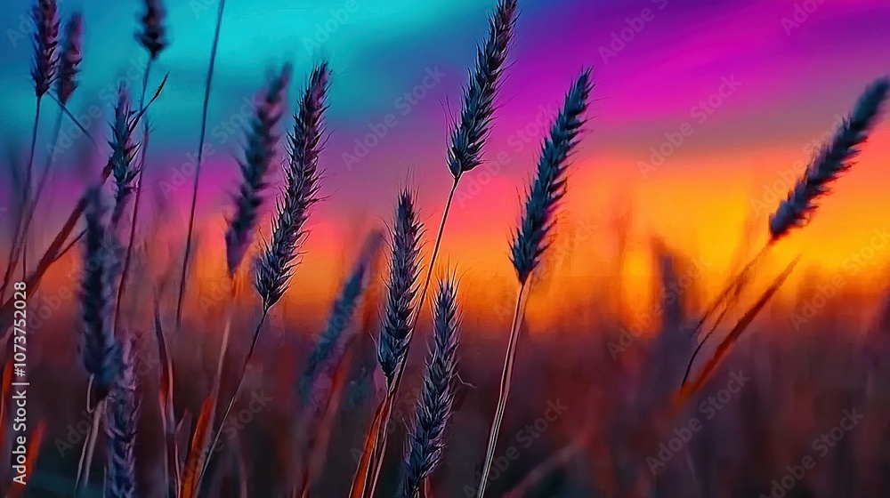 Tall grass field bathed in sunlight with a vibrant purple and blue sky in the background Tall grass field bathed in sunlight with a vibrant purple and blue sky in the background