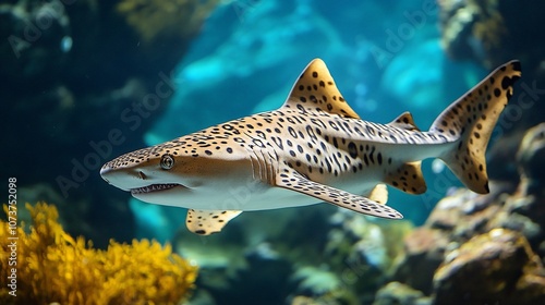 A leopard shark swims gracefully through an aquarium tank, showcasing its distinctive spotted pattern against a backdrop of blue water and yellow coral.