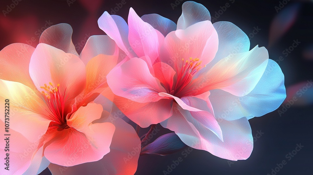 A close-up of two pink and blue flowers on a black background, with a blurry light emanating from the center of each flower A close-up of two pink and blue flowers on a black background, with a blurry light emanating from the center of each flower