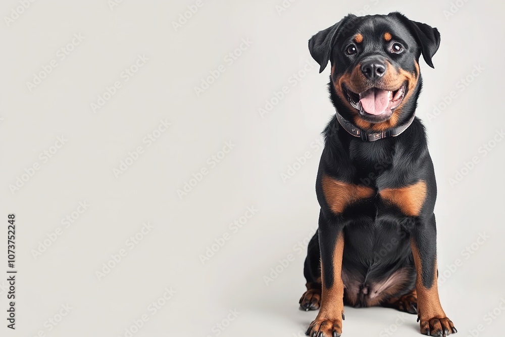 Cheerful Rottweiler sits, smiling on light backdrop Cheerful Rottweiler sits, smiling on light backdrop