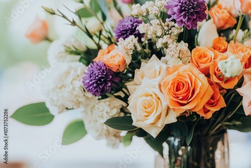 Autumn-inspired floral arrangement featuring dark purple and bright orange flowers in a rustic vase
