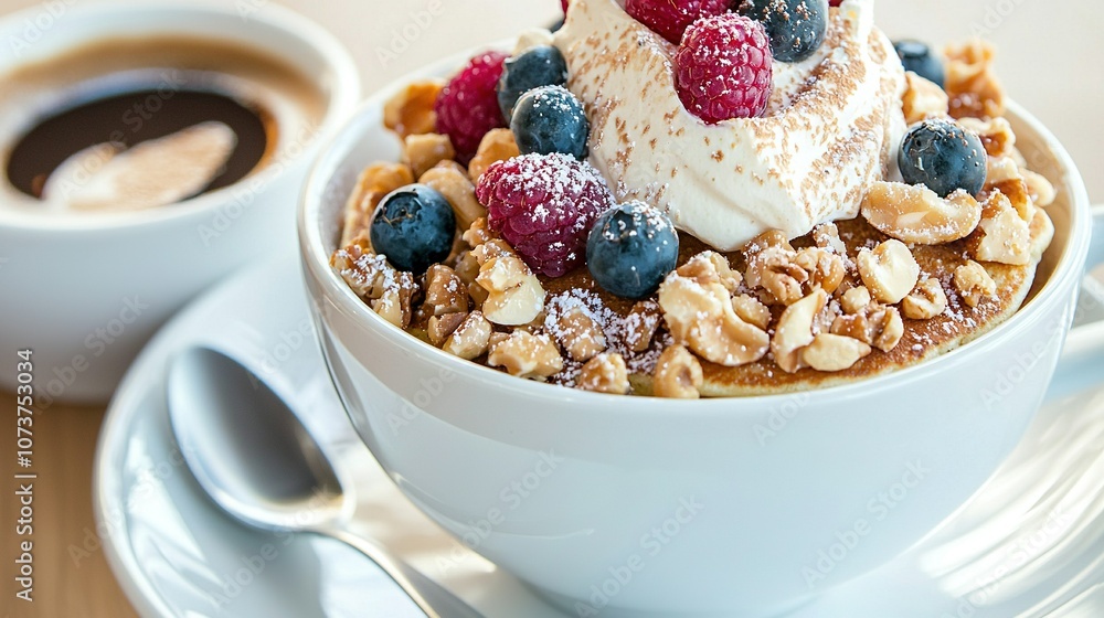 A close-up of a plate with a bowl of food, a cup of coffee, and a spoon on the table A close-up of a plate with a bowl of food, a cup of coffee, and a spoon on the table