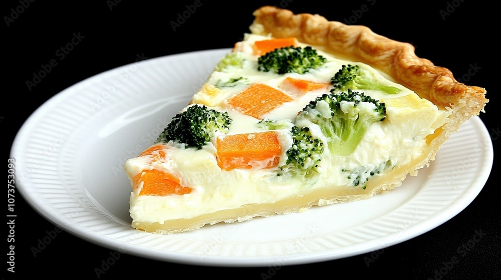 A broccoli, carrot, and cheese pie slice is on a white plate against a black background A broccoli, carrot, and cheese pie slice is on a white plate against a black background